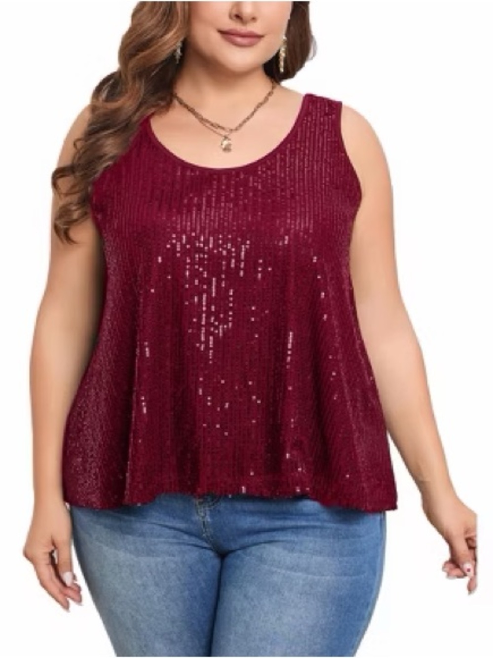 Plus Size Burgundy Sequin Tank Top - Elegant Sleeveless Swing